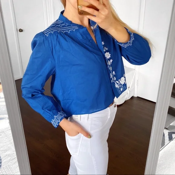 💙 ZARA BOHO BLUE WHITE FLORAL EMBROIDERED LONG SLEEVE CROPPED BLOUSE! - Picture 2 of 14